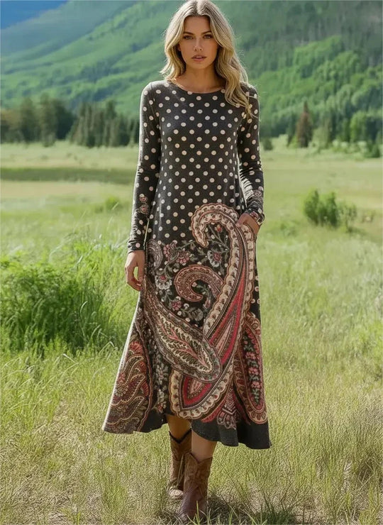 Damen Maxikleid mit Paisley‑ und Polka‑Dot‑Print, langärmeliges A‑Linien‑Jerseykleid Shop Nory