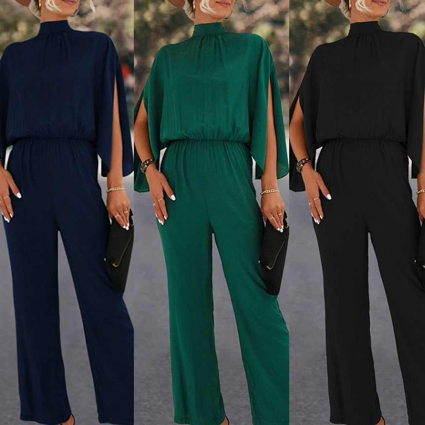 Damen Eleganter Jumpsuit mit fließendem Cape-Design und hochgeschlossenem Ausschnitt