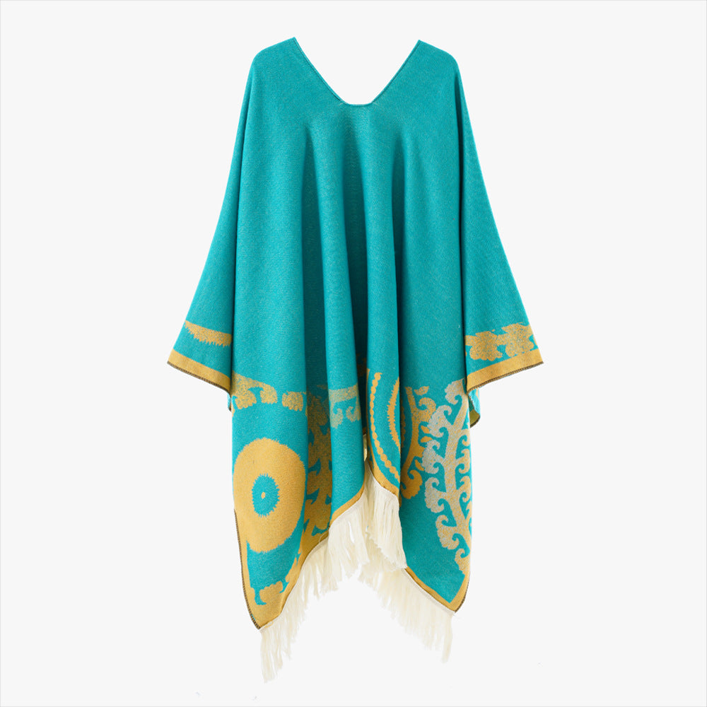 Damen Wollmix-Medallionponcho mit V-Ausschnitt und Fransensaum Shop Nory