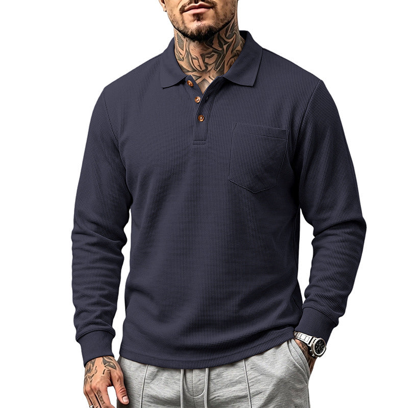 Herren Waffelstrukturiertes Langarm-Poloshirt mit Brusttasche und Holzknopfleiste Shop Nory