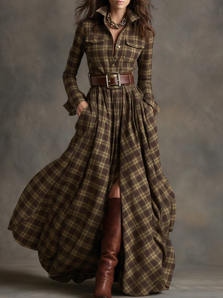 Damen nan karierte Maxikleid Hemdblusenkleid mit ausgestelltem Rock und breitem Taillengürtel Shop Nory