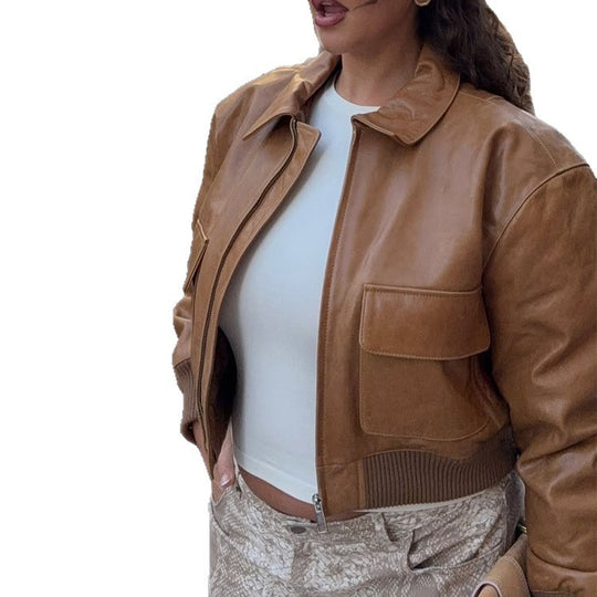 Damen Kurze Lederoptik-Blousonjacke mit großen Pattentaschen und geripptem Bund Shop Nory