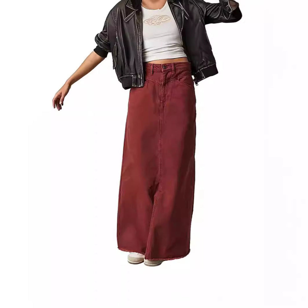 Damen Langer Denim-Rock mit hohem Bund und praktischen Taschen