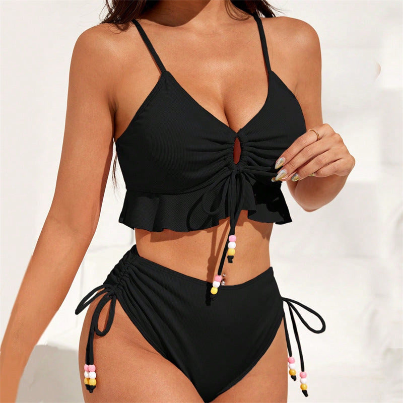 Damen Zweiteiliges Bikiniset mit gerafftem Oberteil und dekorativen Zierbändern