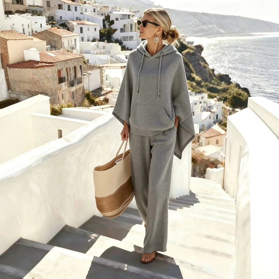 Damen lässiges Kapuzenponcho und weite Hose Lounge-Set aus weichem Sweatstoff Shop Nory