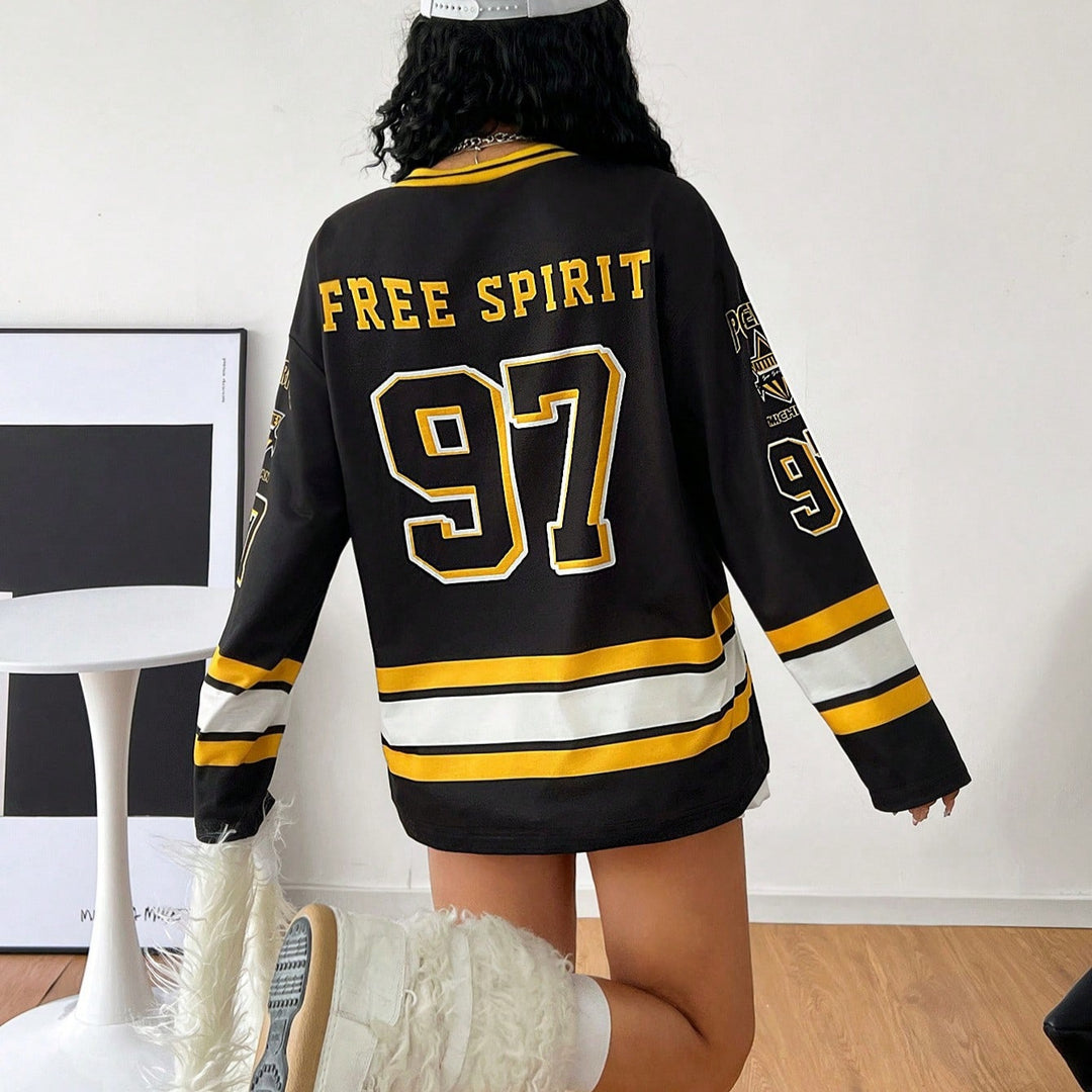 Damen Lässiges Oversized-Sweatshirt im Hockey-Look mit V-Ausschnitt und Blockstreifen Shop Nory