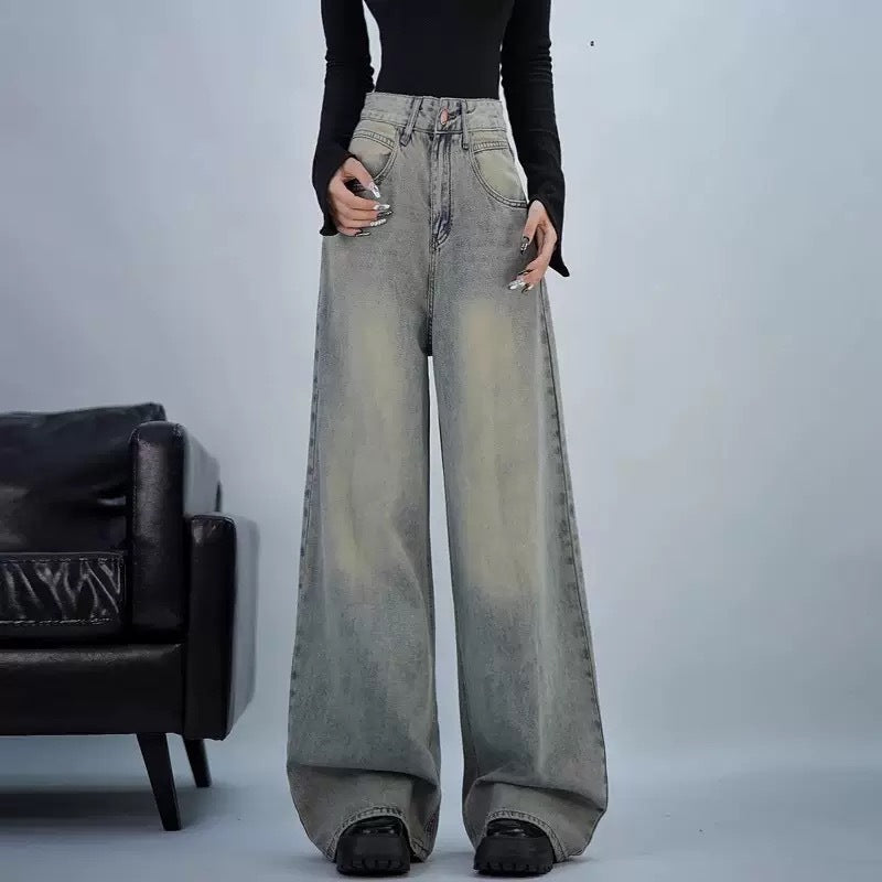 Damen trendige Baggy-Jeans mit hohem Bund und weiten Beinen