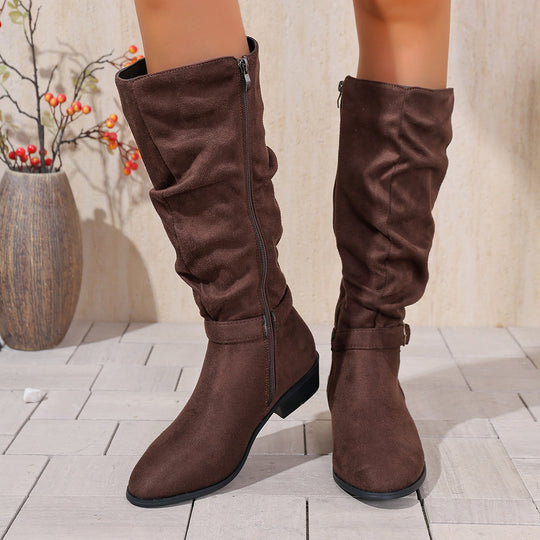 Damen kniehoher Slouch-Stiefel aus weichem Microvelours mit Ziergurt und niedrigem Blockabsatz Shop Nory