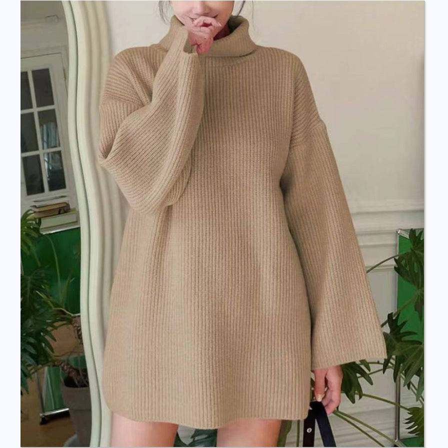 Damen Langer Strickpullover mit hohem Kragen und weit ausgestellten Ärmeln