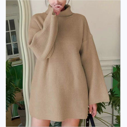 Damen Oversized geripptes Rollkragen‑Strickkleid mit Glockenärmeln Shop Nory