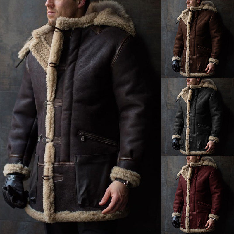 Herren Lammfell-Mantel mit Kapuze und praktischen Taschen