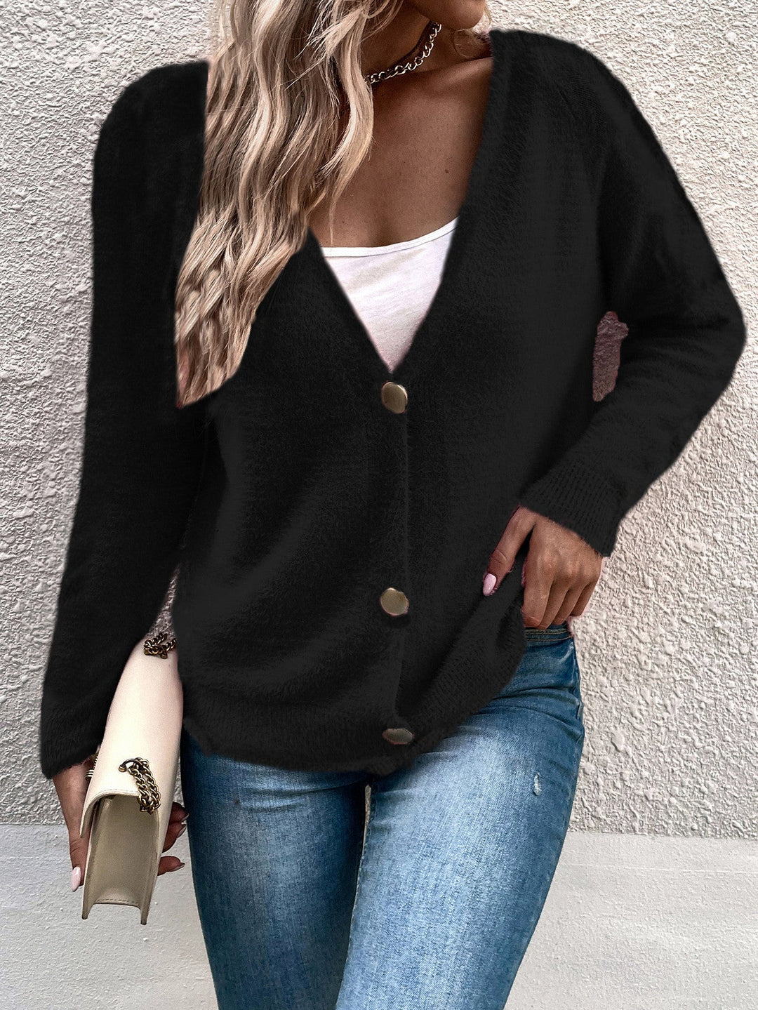Damen kuscheliger V-Ausschnitt Cardigan mit Knopfdetails