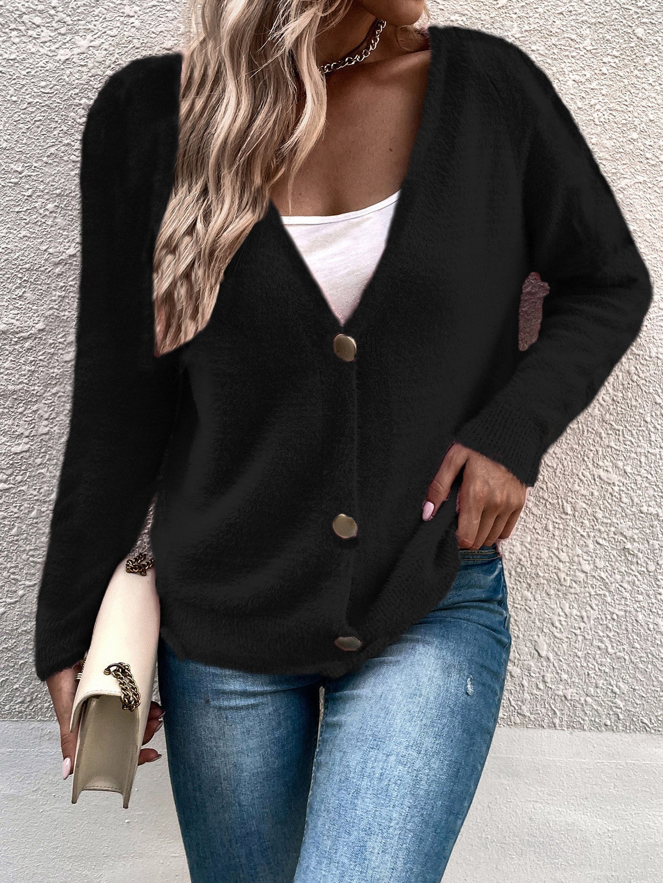 Damen kuscheliger V-Ausschnitt Cardigan mit Knopfdetails