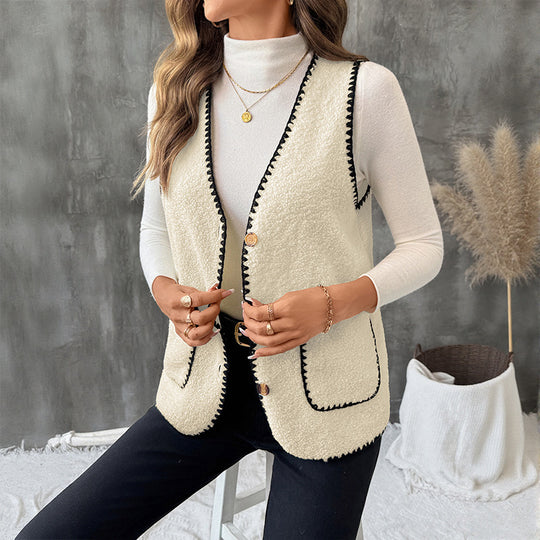 Damen Ärmellose Teddyweste mit Kontrast-Ziernähten und aufgesetzten Taschen Shop Nory