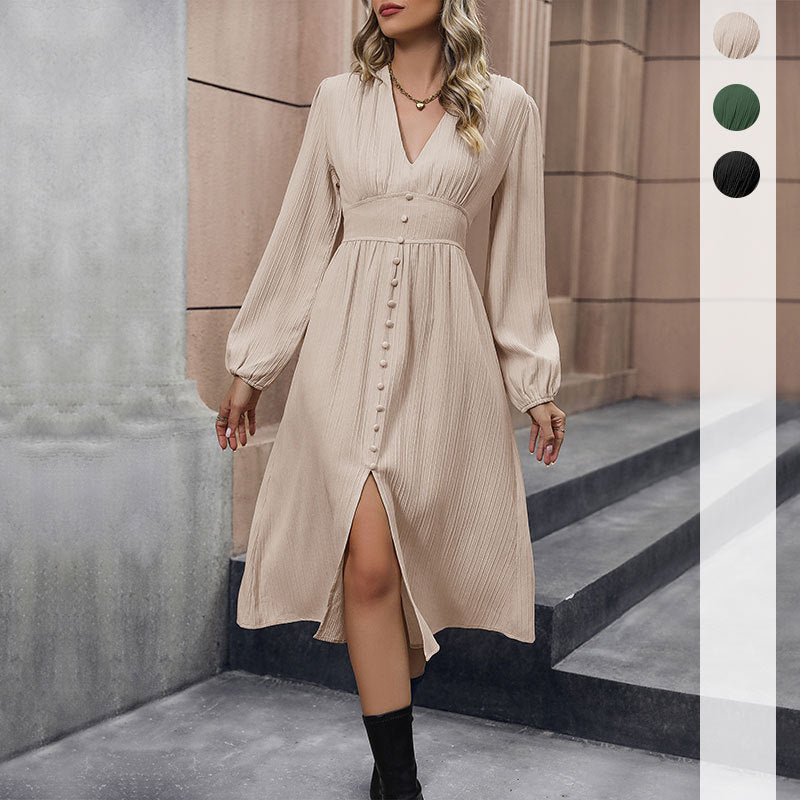 Damen Midi-Kleid mit V-Ausschnitt, Taillenpassé, Knopfleiste und Plissee-Struktur Shop Nory
