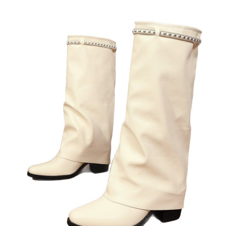 Damen Kniehohe Slouch‑Stiefel mit niedrigem Blockabsatz und Strassbesatz Shop Nory