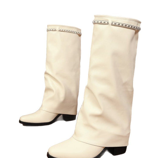Damen Kniehohe Slouch‑Stiefel mit niedrigem Blockabsatz und Strassbesatz Shop Nory