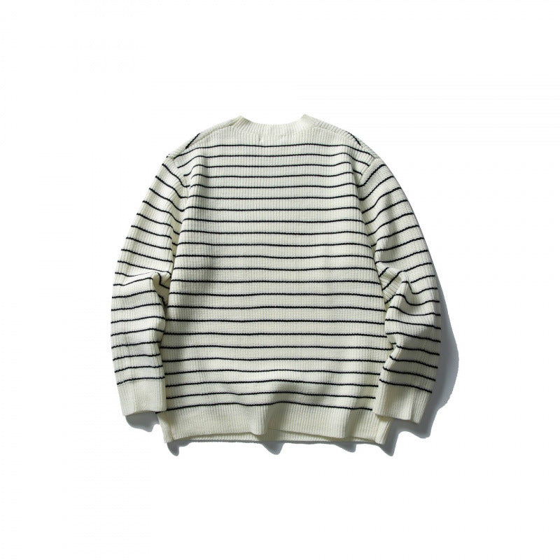 Unisex Oversize Streifen-Strickpullover mit Rundhalsausschnitt und geripptem Saum Shop Nory