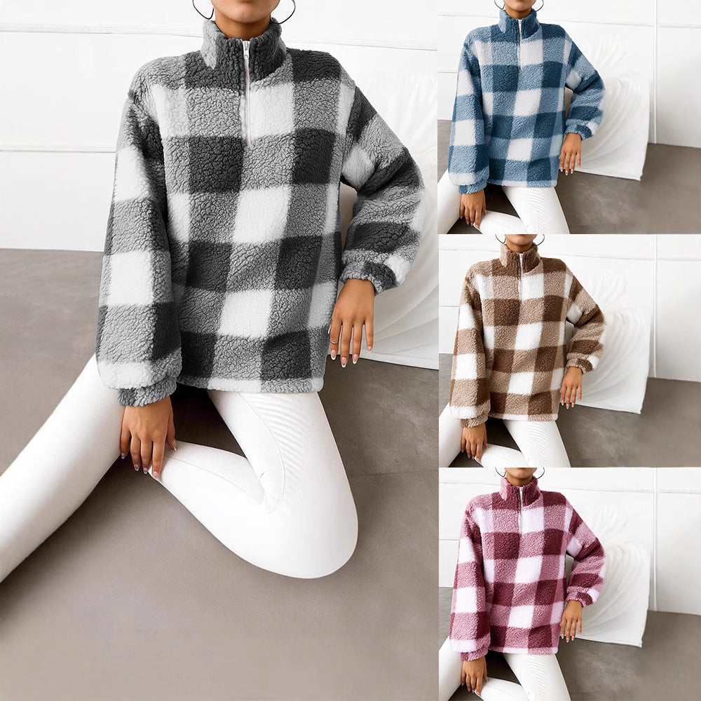Damen nan kariertes Teddy-Fleece Pullover mit Stehkragen und halbhohem Reißverschluss Shop Nory