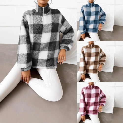 Damen nan kariertes Teddy-Fleece Pullover mit Stehkragen und halbhohem Reißverschluss Shop Nory