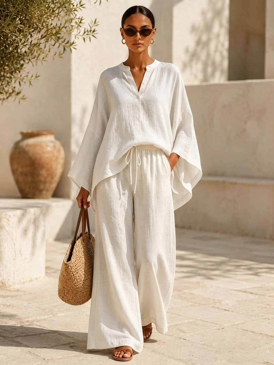 Damen Leichte Leinenmischung Übergroße Kaftan-Oberteil und Kordelzug Weitbein-Hosen Set Shop Nory
