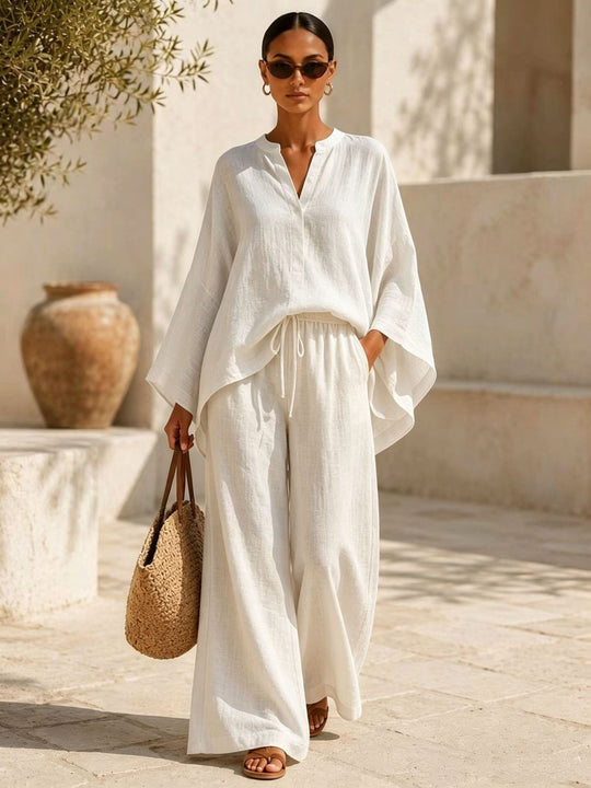 Damen Leichte Leinenmischung Übergroße Kaftan-Oberteil und Kordelzug Weitbein-Hosen Set Shop Nory