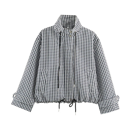 Damen Kurzjacke im Karo‑Look mit Tunnelzugsaum und hohem Stehkragen Shop Nory