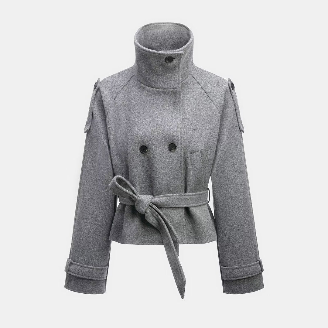 Damen Cropped Wollmix‑Kurzmantel mit hohem Stehkragen, Epauletten und Taillengürtel Shop Nory