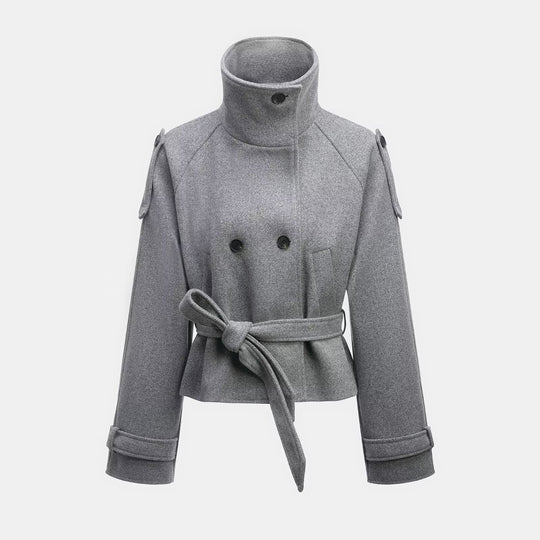 Damen Cropped Wollmix‑Kurzmantel mit hohem Stehkragen, Epauletten und Taillengürtel Shop Nory
