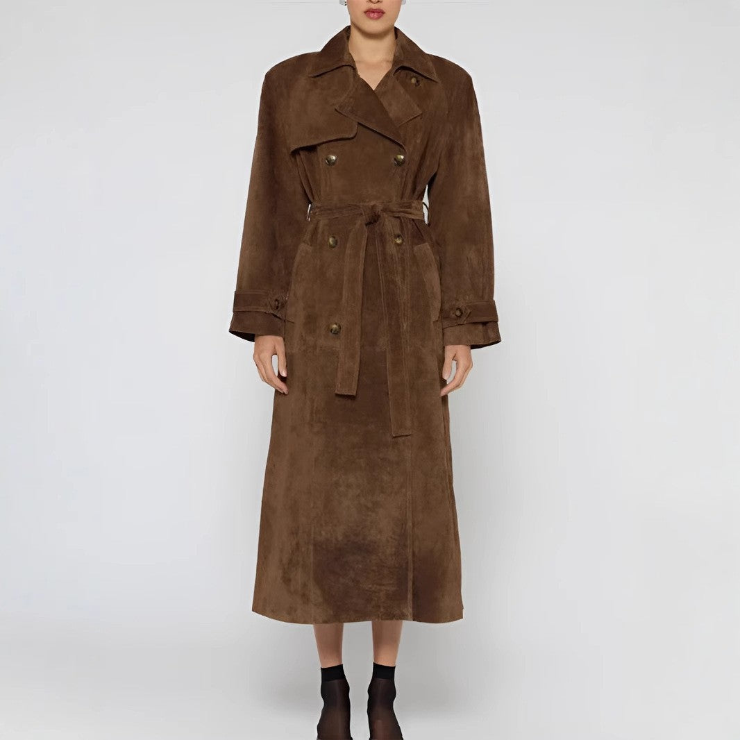 Damen langer Wildleder-Trenchcoat mit Taillengürtel Shop Nory