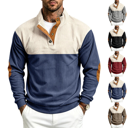 Herren Gerippter Stehkragen-Pullover mit Knopfleiste, Kontrastblende und Ellbogen-Patches Shop Nory