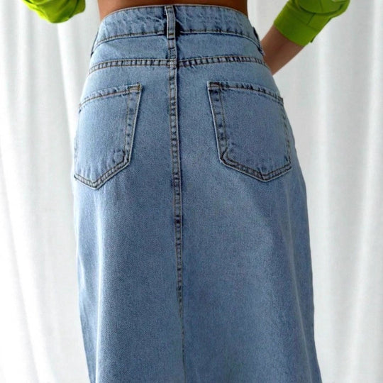 Damen Hochtaillierter Maxi-Denimrock mit asymmetrischer Vordernaht und fransigem Saum Shop Nory