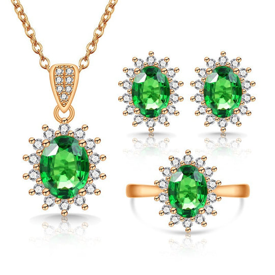 Oval facettiertes Edelstein-Halo-Pendant mit passenden Halo-Ohrringen und verstellbarem Cocktailring-Set