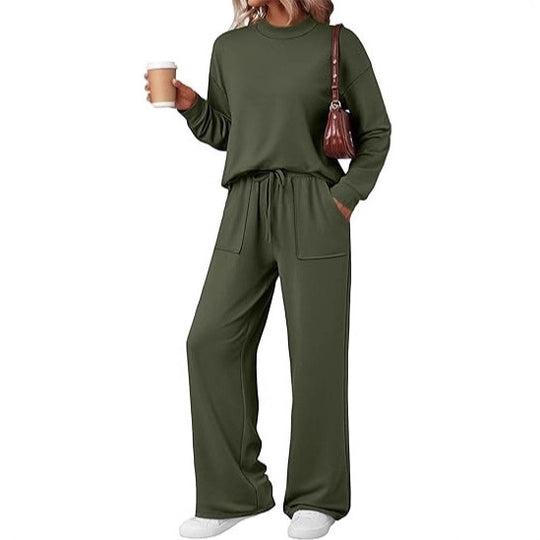 Damen Loungewear-Zweiteiler aus weichem Jersey mit Rundhalsausschnitt und weitem Kordelzug-Hose Shop Nory