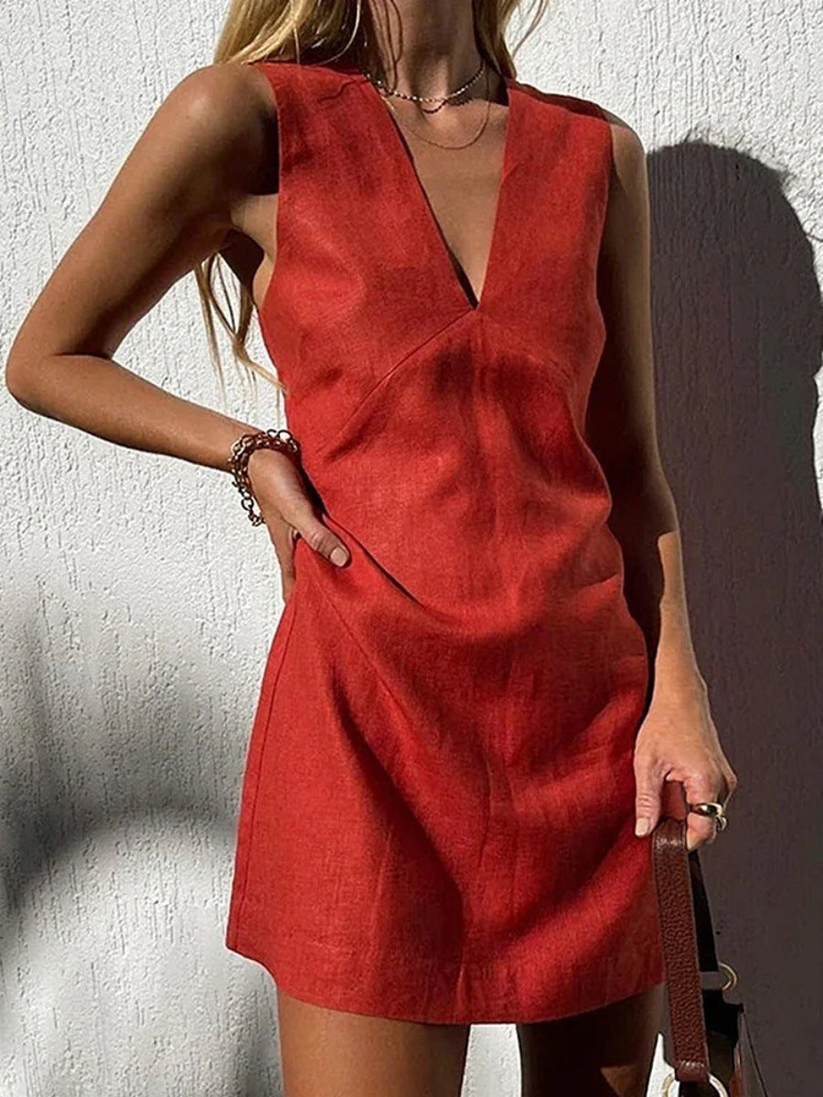 Damen leichtes Leinenkleid mit tiefem V-Ausschnitt und ärmellosem Design