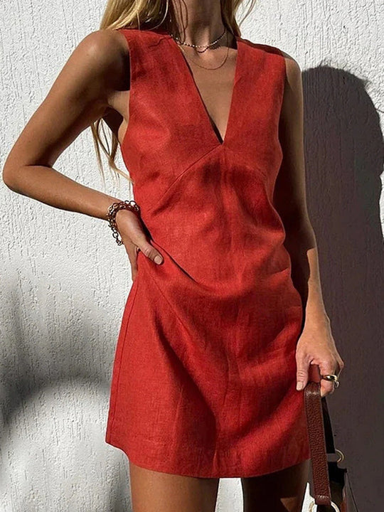 Damen leichtes Leinenkleid mit tiefem V-Ausschnitt und ärmellosem Design