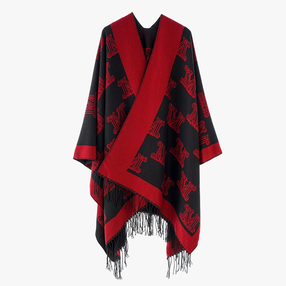 Damen Grobgewebter Poncho im Kimono-Schnitt mit Monogramm-Jacquard und Fransensaum Shop Nory