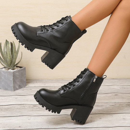 Damen High-Top Stiefeletten mit robustem Blockabsatz und Schnürung