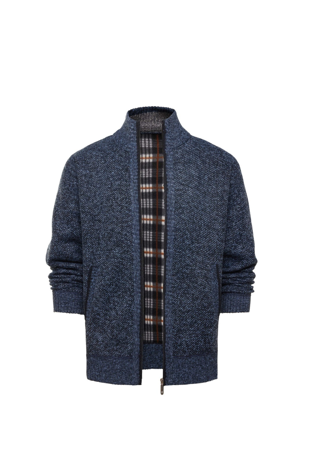 Herren gebürstete Strickjacke mit kariertem Thermofutter und Stehkragen Shop Nory