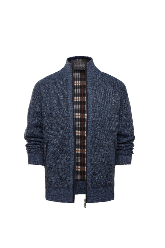 Herren gebürstete Strickjacke mit kariertem Thermofutter und Stehkragen Shop Nory