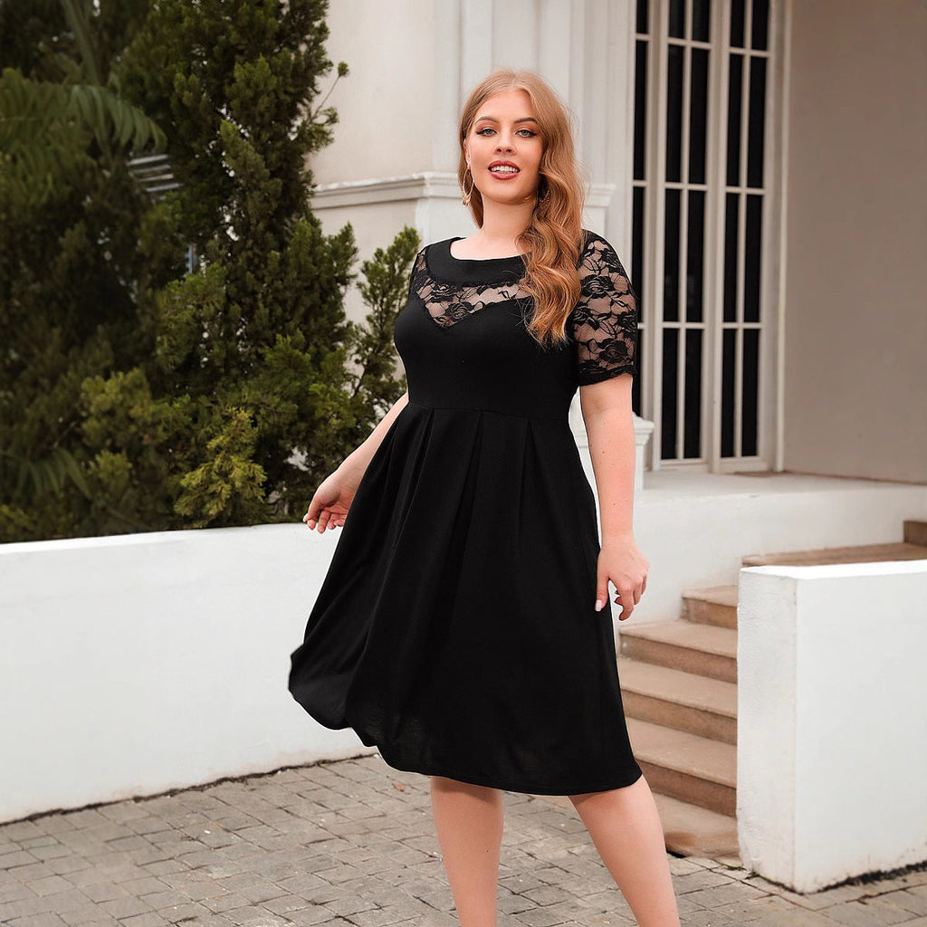 Damen Elegantes Kleid mit Spitzenärmel und schwingendem Rock
