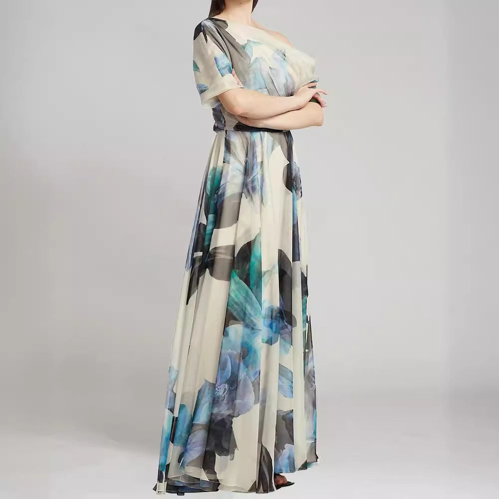 Damen elegantes Chiffon-Kleid mit schulterfreiem Design und floralem Muster