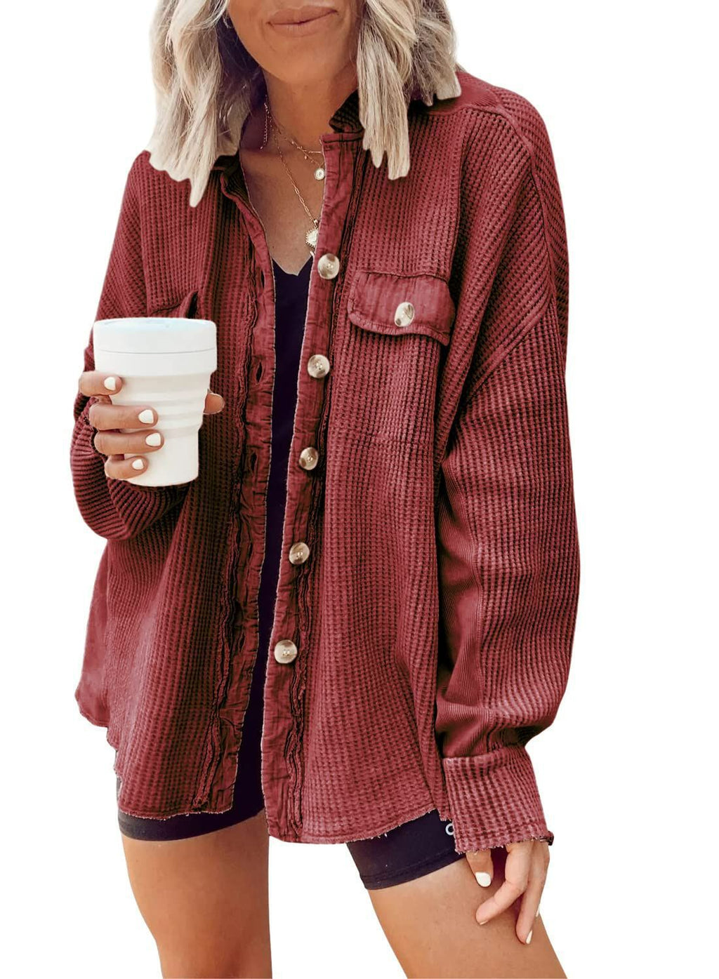 Damen Lässige Waffle-Strickjacke mit praktischen Taschen und Knopfdetails