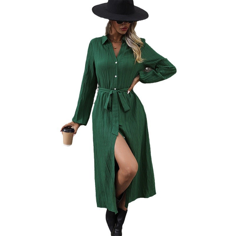 Damen Langarm Hemdblusenkleid mit Gürtel Shop Nory