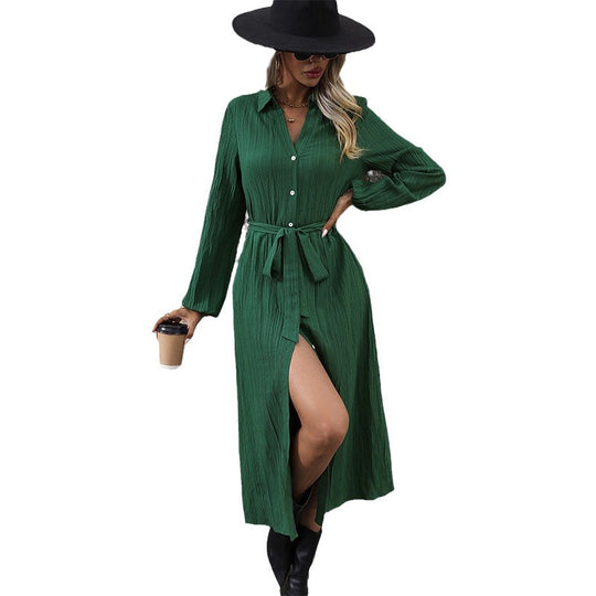 Damen Langarm Hemdblusenkleid mit Gürtel Shop Nory