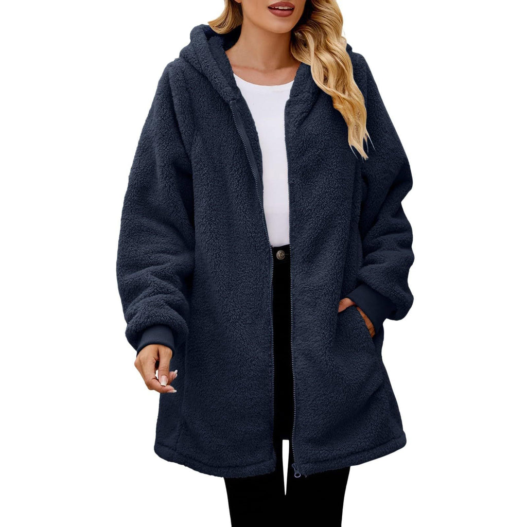 Damen kuschelige Fleecejacke mit Kapuze und Reißverschluss