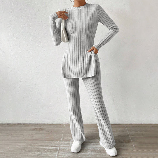 Damen geripptes Feinstrick-Lounge-Set mit seitlicher Saumschlitzen, figurbetontem Longsleeve und weitem Highwaist-Hose Shop Nory
