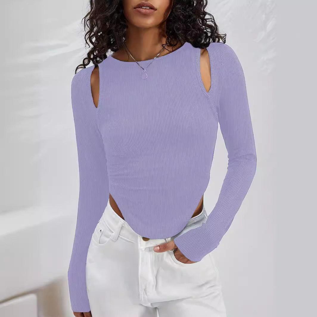 Damen Langarmshirt mit asymmetrischem Cut-Out und Rippstruktur
