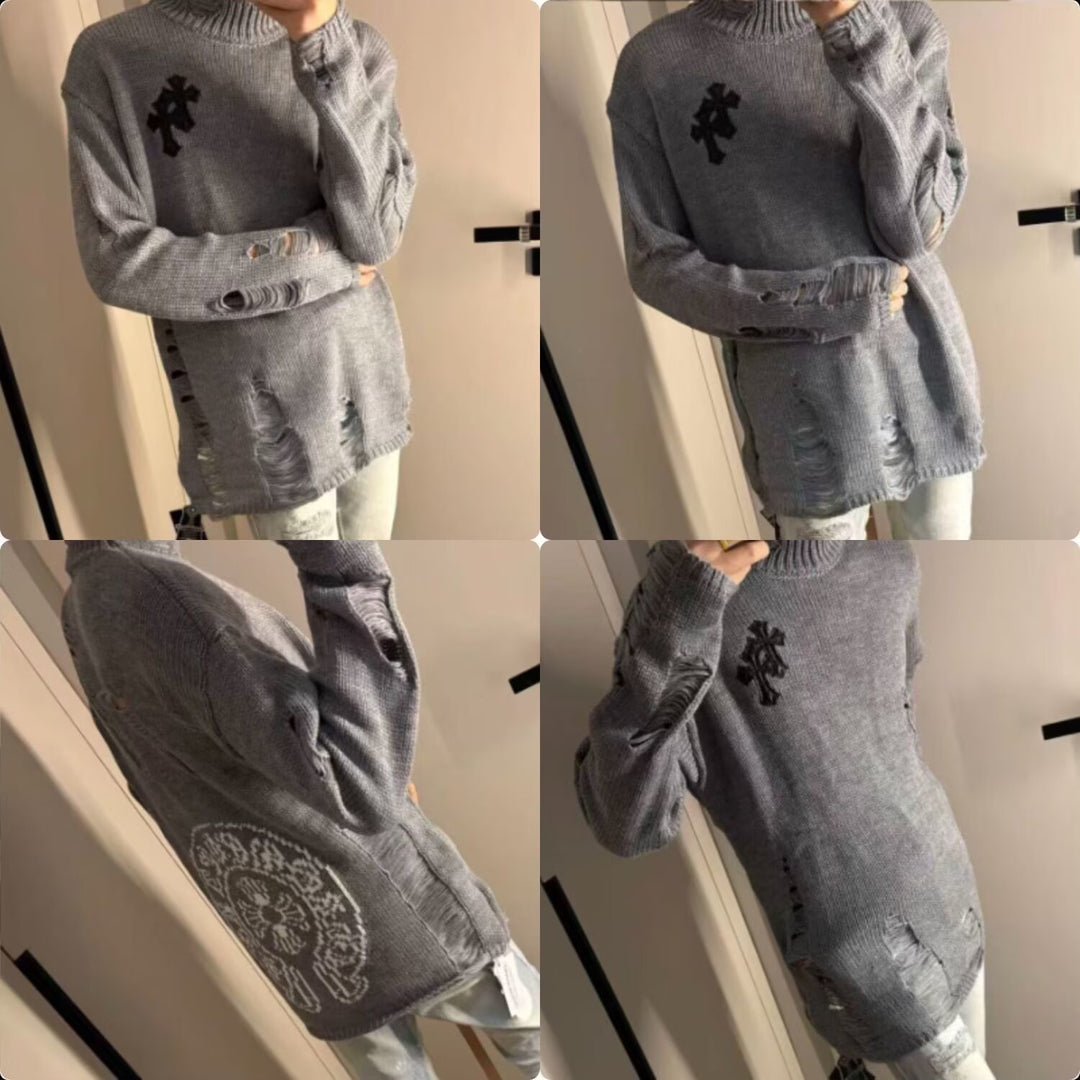 Damen Modischer Grobstrickpullover mit Rollkragen und distressed Design Shop Nory