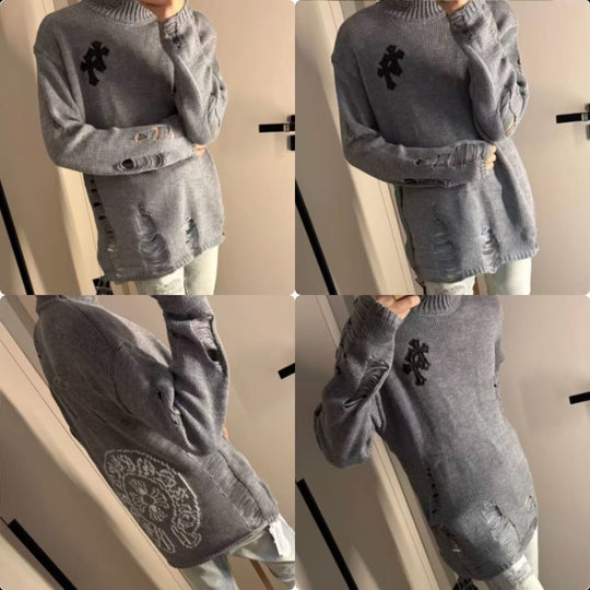 Damen Modischer Grobstrickpullover mit Rollkragen und distressed Design Shop Nory
